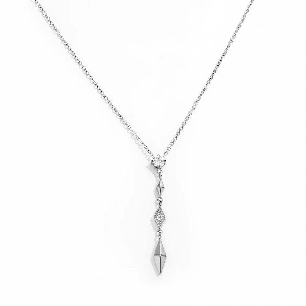 Joolim Jewelry 18K Gold Plated Waterproof Fashion Elegant Rhombus Zirconia Pendant Y-Shaped Necklace Stainless Steel Jewelry