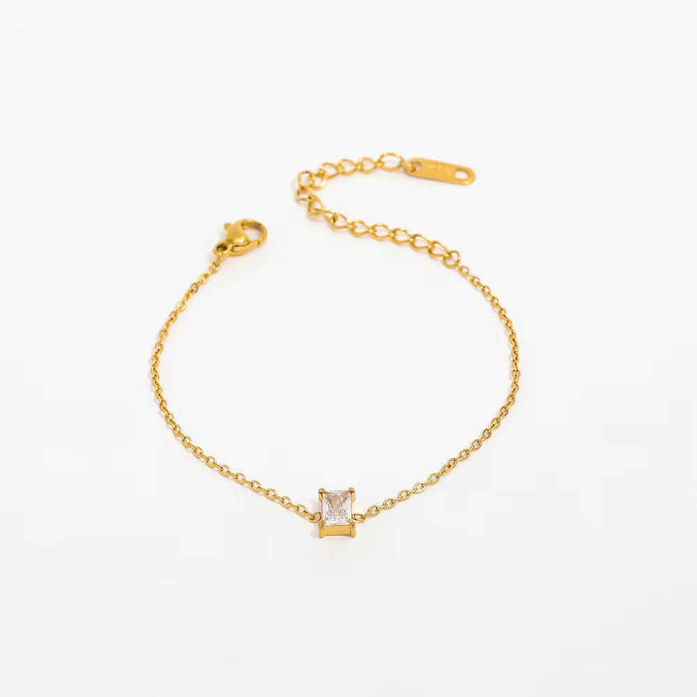 18K PVD Gold Plated Waterproof Stainless Steel Tear Drop Rectangle Zirconia Bracelet for Women Wholesale Jewelry